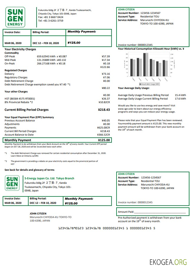 Japan S Energy Japan Co. Ltd. Tokyo Branch utility bill template in Word and PDF format